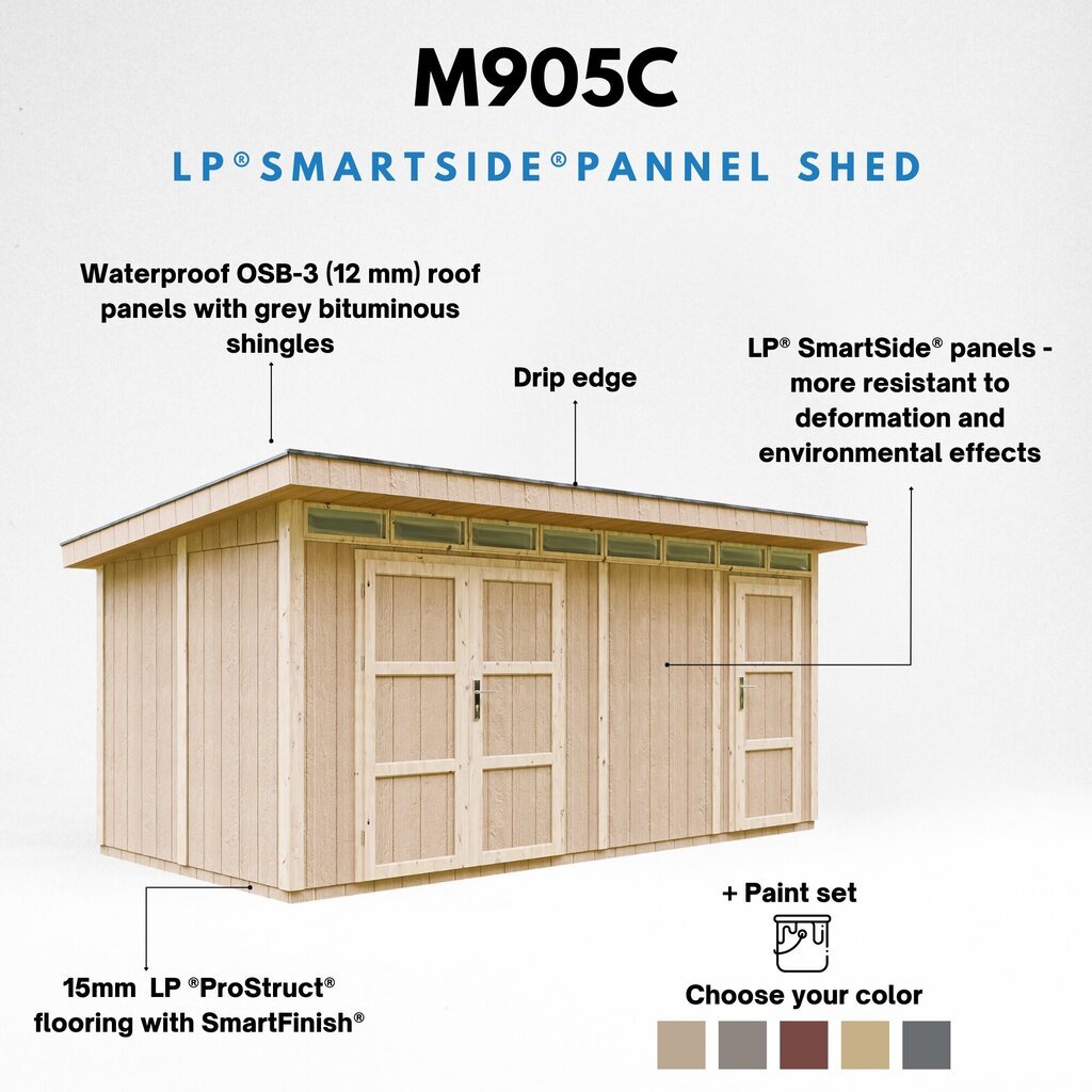 LP® SmartSide® Paneelitalo M905C Cavern Steel -maalipakkauksen kera - A237 x 279 x 530 cm / 11.5 m2 hinta ja tiedot | Piharakennukset | hobbyhall.fi