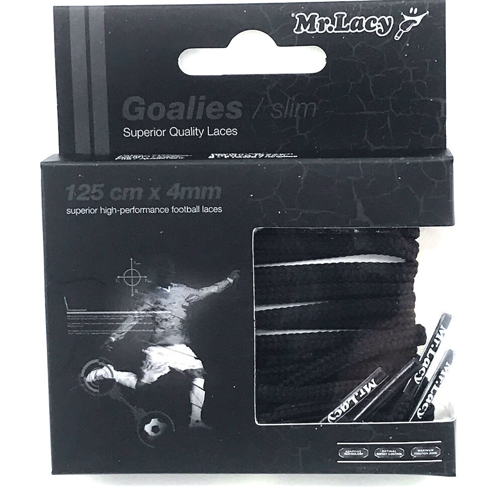 Mr. Lacy Goalies Slim litteät kengännauhat jalkapallokenkiin, musta, 125 cm hinta ja tiedot | Vaatteiden ja jalkineiden hoito | hobbyhall.fi