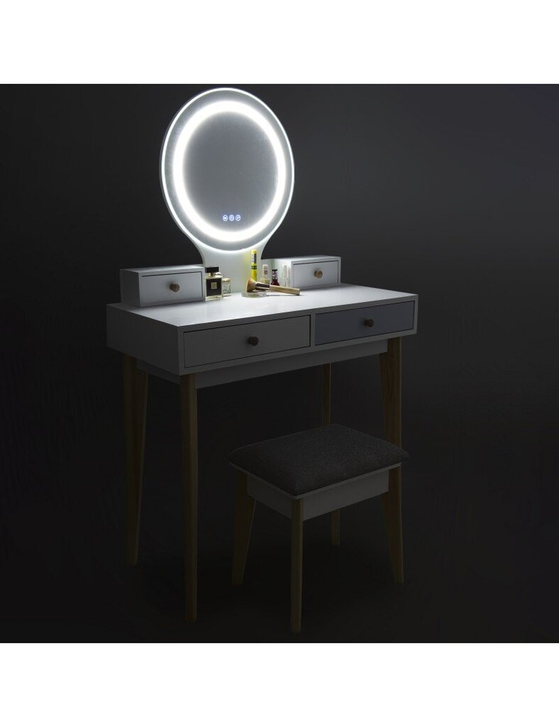 Kosmetiikka/pukeutumispöytä LED-valolla + ottomaani, valkoinen hinta ja tiedot | Peilipöydät | hobbyhall.fi