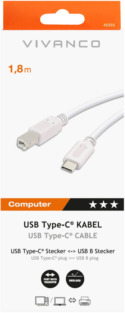 Vivanco-kaapeli USB-C - USB-B 1,8 m, valkoinen (45355) hinta ja tiedot | Kaapelit ja adapterit | hobbyhall.fi