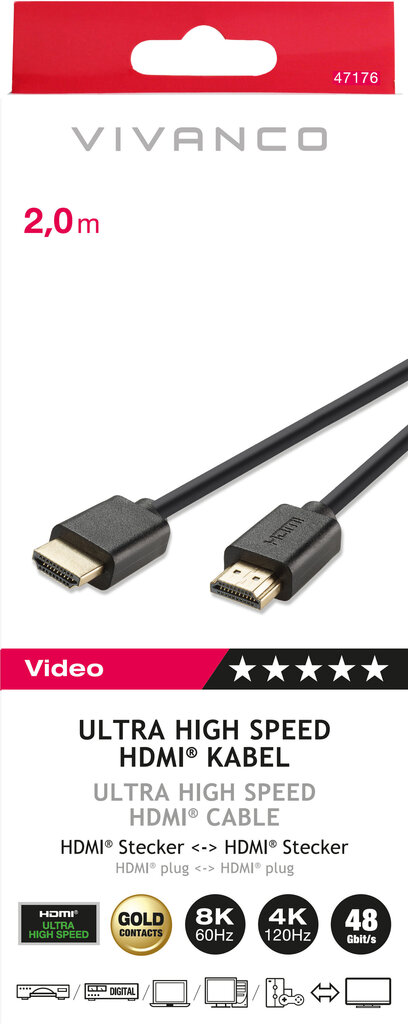 Vivanco-kaapeli HDMI - HDMI 2.1 2m (47176) hinta ja tiedot | Kaapelit ja adapterit | hobbyhall.fi