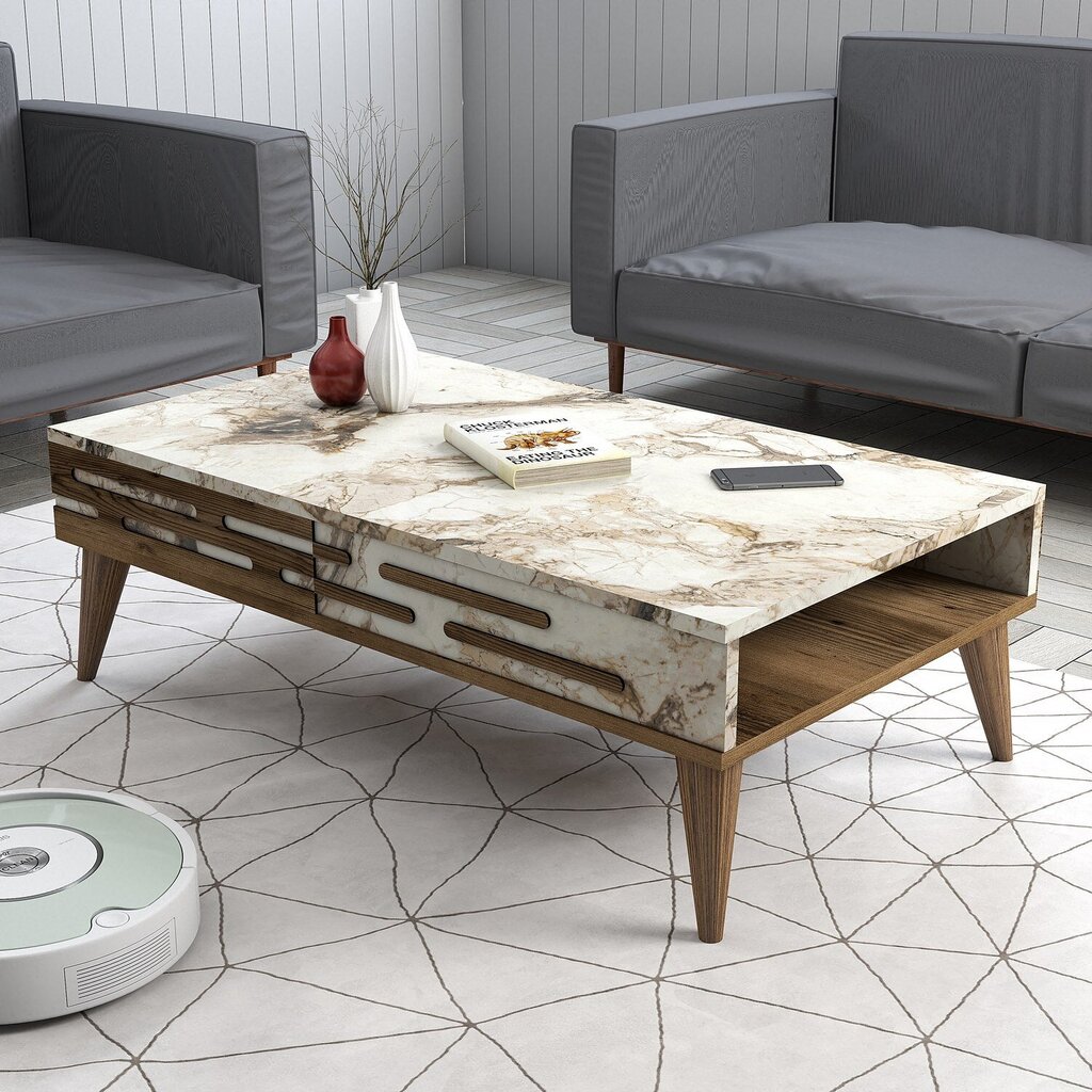Kahvipöytä, Asir, 105x60x34,6 cm, ruskea/valkoinen/marmori hinta ja tiedot | Sohvapöydät | hobbyhall.fi