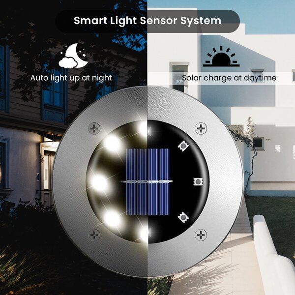 Outdoor Solar Disc Light, 8 LED, Vedenpitävä maisemavalo, Patio Garden Nurmikko Valkoinen, 4 osan sarja hinta ja tiedot | Puutarha- ja ulkovalot | hobbyhall.fi