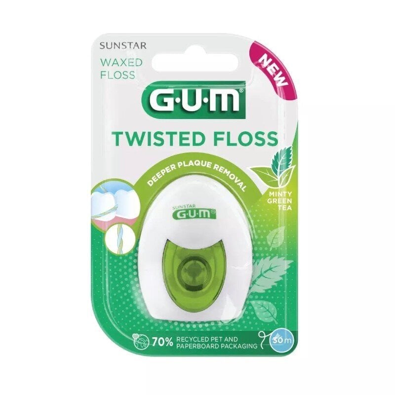 Twisted 30m Gum® (3500) punottu hammaslanka, kaksinkertainen, vahattu, vihreän teen ja mintun makuinen hinta ja tiedot | Suuhygienia | hobbyhall.fi