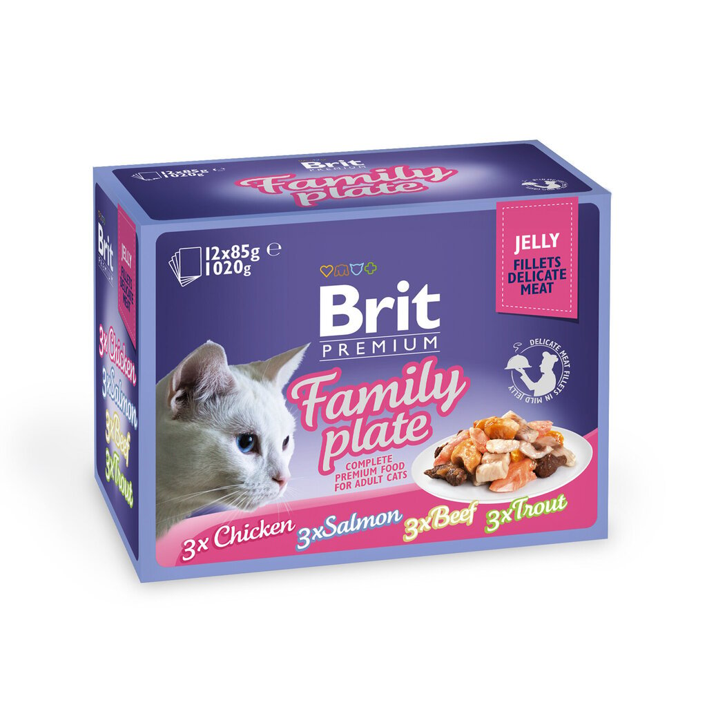 Brit Premium Cat Family Plate rinkinys su vištiena, lašiša, jautiena ir upėtakiu, 12x85 g hinta ja tiedot | Kissanruoka | hobbyhall.fi