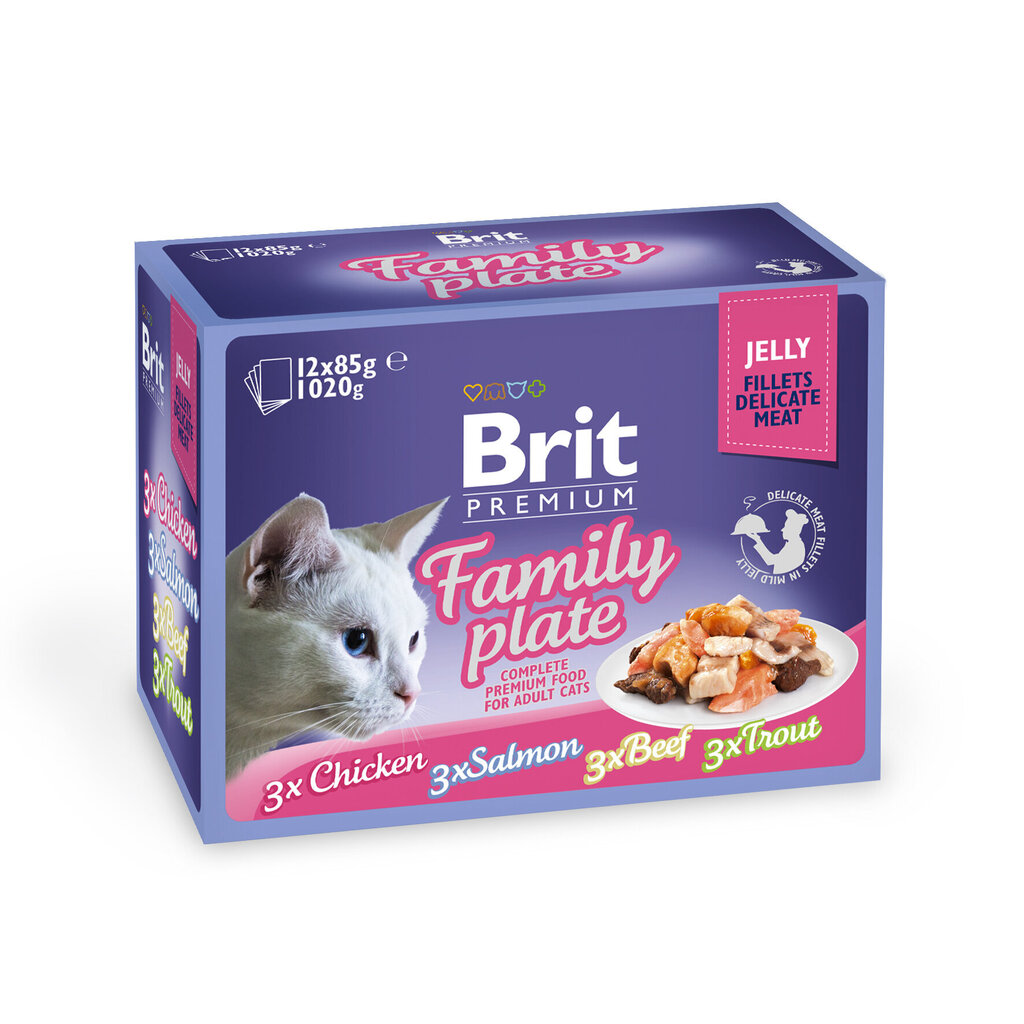 Brit Premium Cat Family Plate setti kanaa, lohta, naudanlihaa ja taimenta, 12x85 g hinta ja tiedot | Kissanruoka | hobbyhall.fi