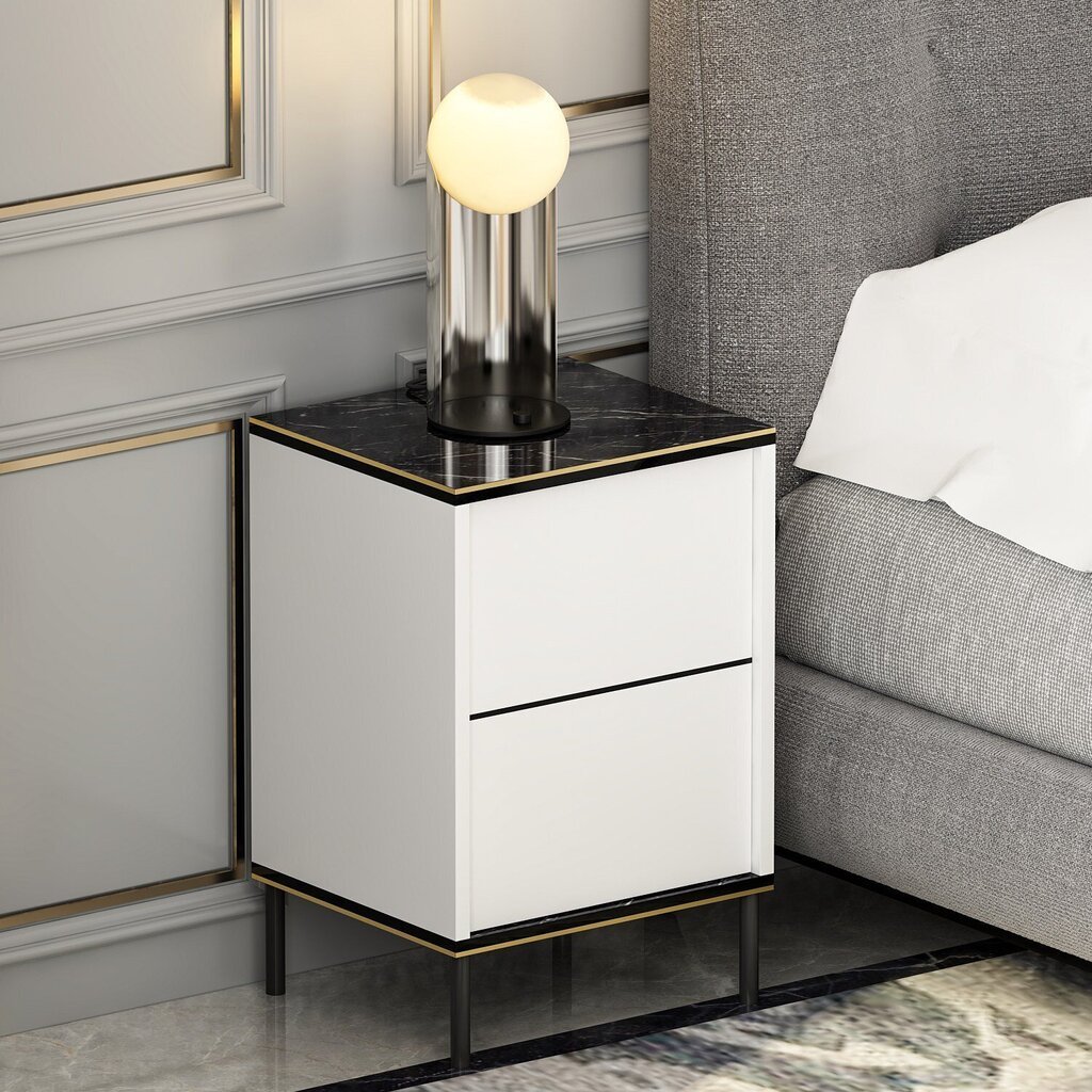Yöpöytä, Asir, 40x60x35 cm, valkoinen/musta/kulta hinta ja tiedot | Yöpöydät | hobbyhall.fi