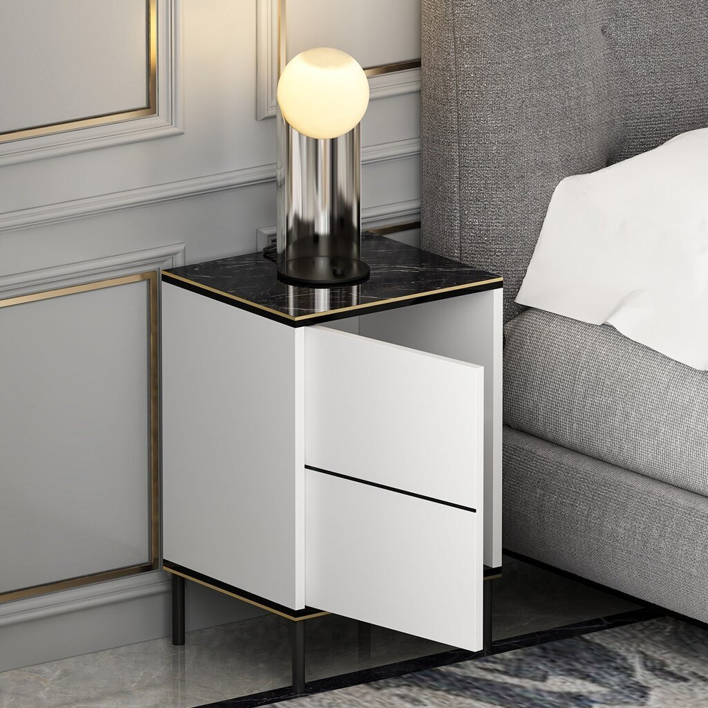 Yöpöytä, Asir, 40x60x35 cm, valkoinen/musta/kulta hinta ja tiedot | Yöpöydät | hobbyhall.fi