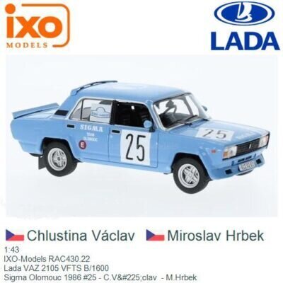 VAZ 2105 Lada VFTS B/1600 Rallye Pribram 1986 #25 C.Václav/M.Hrbek 1:43 IXO RAC430 (Saabub 22/01/2024) hinta ja tiedot | Pienoismallit | hobbyhall.fi