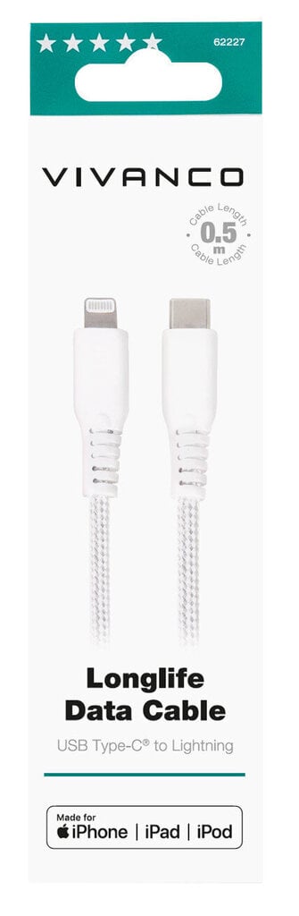 Vivanco-kaapeli USB-C - Lightning 0,5m, valkoinen (62227) hinta ja tiedot | Puhelinkaapelit | hobbyhall.fi