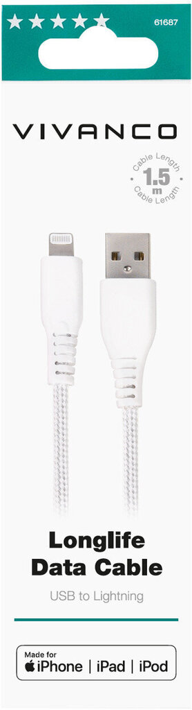 Vivanco-kaapeli USB - Lightning 1,5 m, valkoinen (61687) hinta ja tiedot | Puhelinkaapelit | hobbyhall.fi