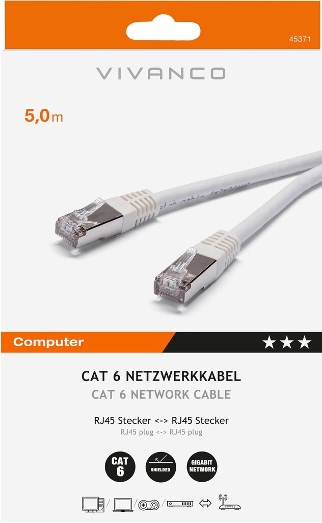 Vivanco verkkokaapeli CAT 6 5m (45371) hinta ja tiedot | Kaapelit ja adapterit | hobbyhall.fi