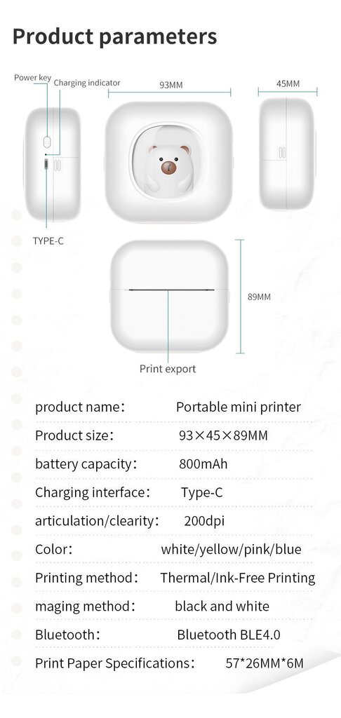 Cat Mini Printer X7W, valkoinen + 3 värirullaa hinta ja tiedot | Tulostimet | hobbyhall.fi