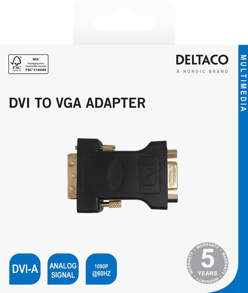 DEltaco adapteri DVI-A - VGA, 1920x1200, 60Hz, musta hinta ja tiedot | Kaapelit ja adapterit | hobbyhall.fi