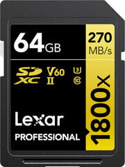 Lexar muistikortti SDXC 64GB Professional 1800x UHS-II U3 V60 hinta ja tiedot | Lexar Puhelimet, älylaitteet ja kamerat | hobbyhall.fi