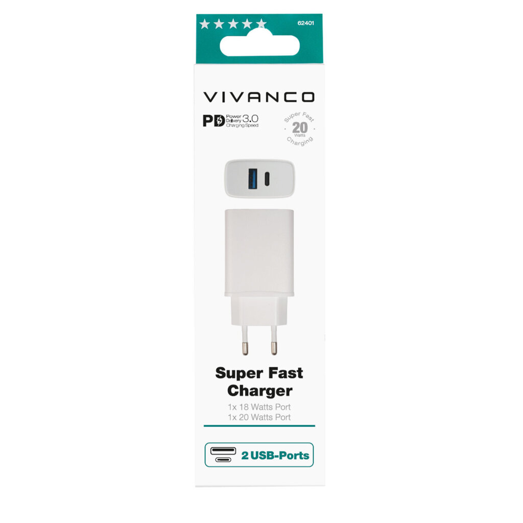 Vivanco laturi USB-A/USB-C PD3 20W, valkoinen (62401) hinta ja tiedot | Puhelimen laturit | hobbyhall.fi