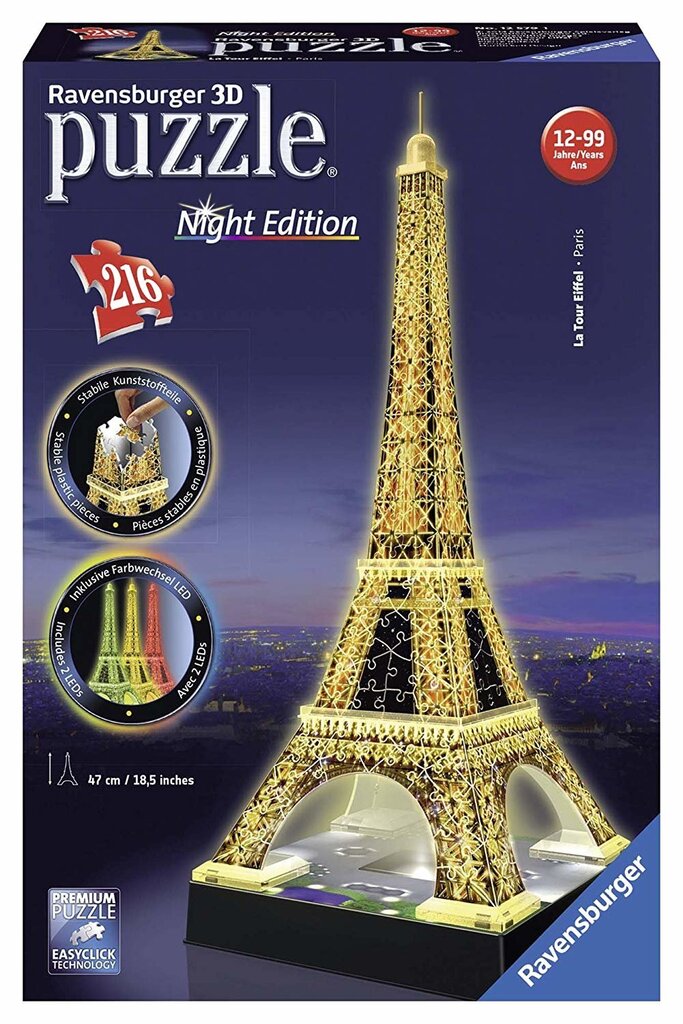 Ravensburger 3D hohtava pimeässä palapeli Eiffel Tower 216 kpl hinta ja tiedot | Palapelit | hobbyhall.fi