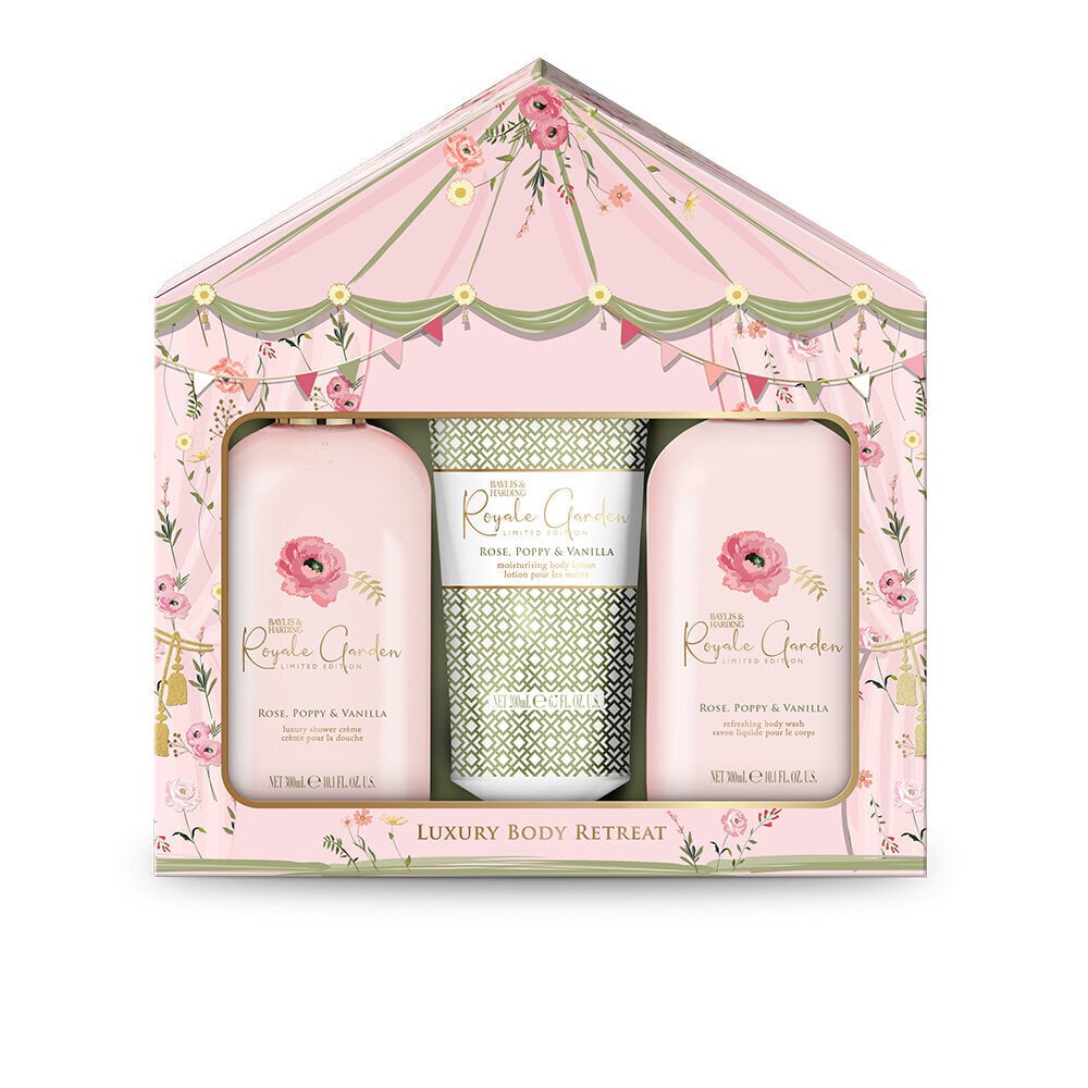 Lahjasetti naisille Baylis & Harding Royale Garden Rose, Poppy & Vanilla Luxury Trio Bathing: vartalopesu 300 ml + suihkuvoide 300 ml + vartalomaito 200 ml. hinta ja tiedot | Suihkusaippuat ja suihkugeelit | hobbyhall.fi