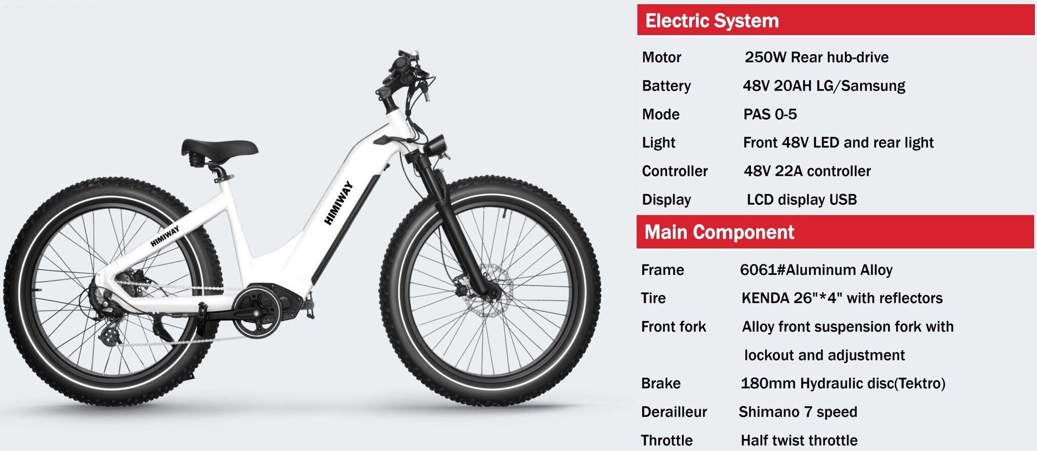 Sähköpyörä Himiway Cruiser Step-Thru 26", valkoinen, 250W, 17,5Ah LG hinta ja tiedot | Sähköpyörät | hobbyhall.fi