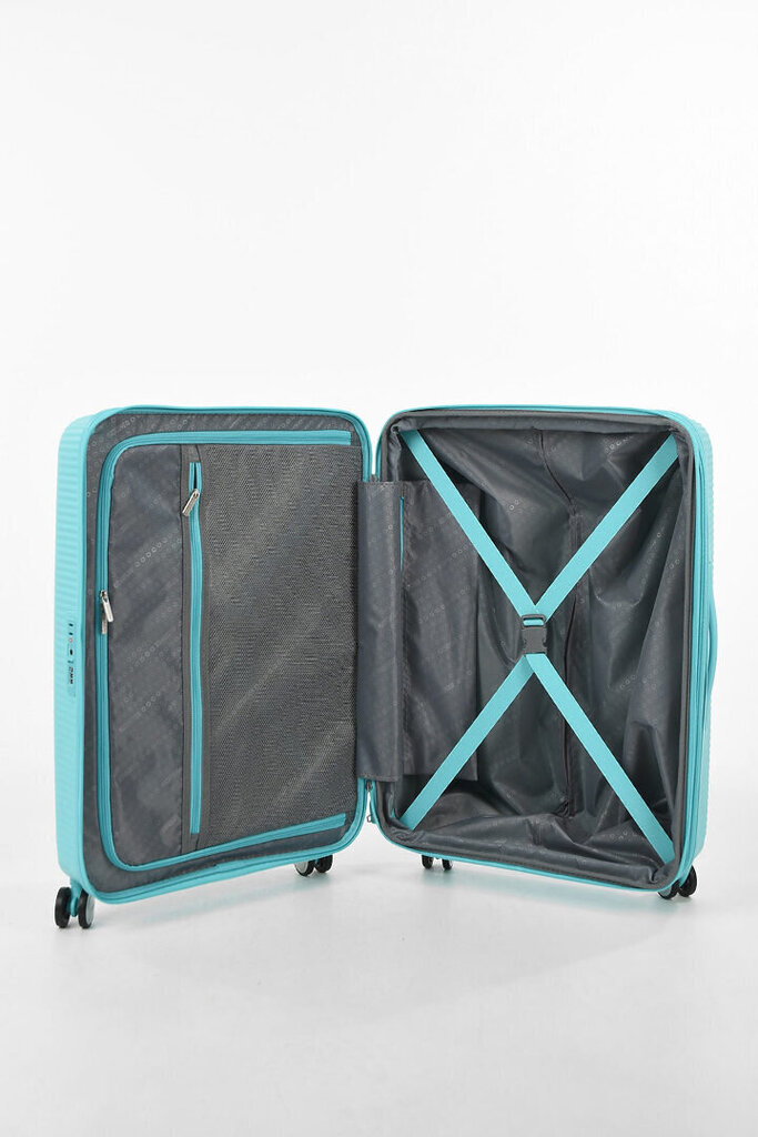 American Tourister keskikokoinen matkalaukku Soundbox Spinner Expandable 67cm, vaaleansininen hinta ja tiedot | Matkalaukut ja matkakassit | hobbyhall.fi