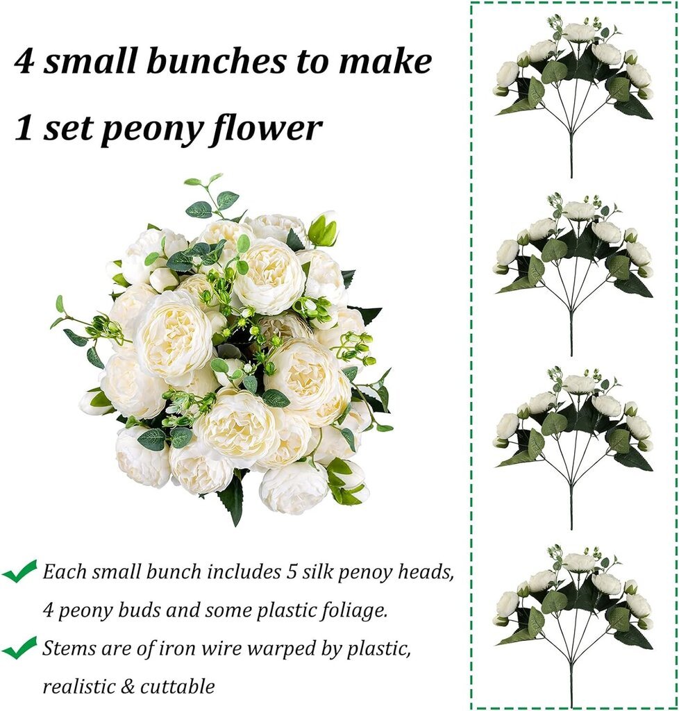 Keinotekoinen pionikimppu BLOSMON, 8 kukkaa, valkoinen hinta ja tiedot | Keinotekoiset kukat | hobbyhall.fi