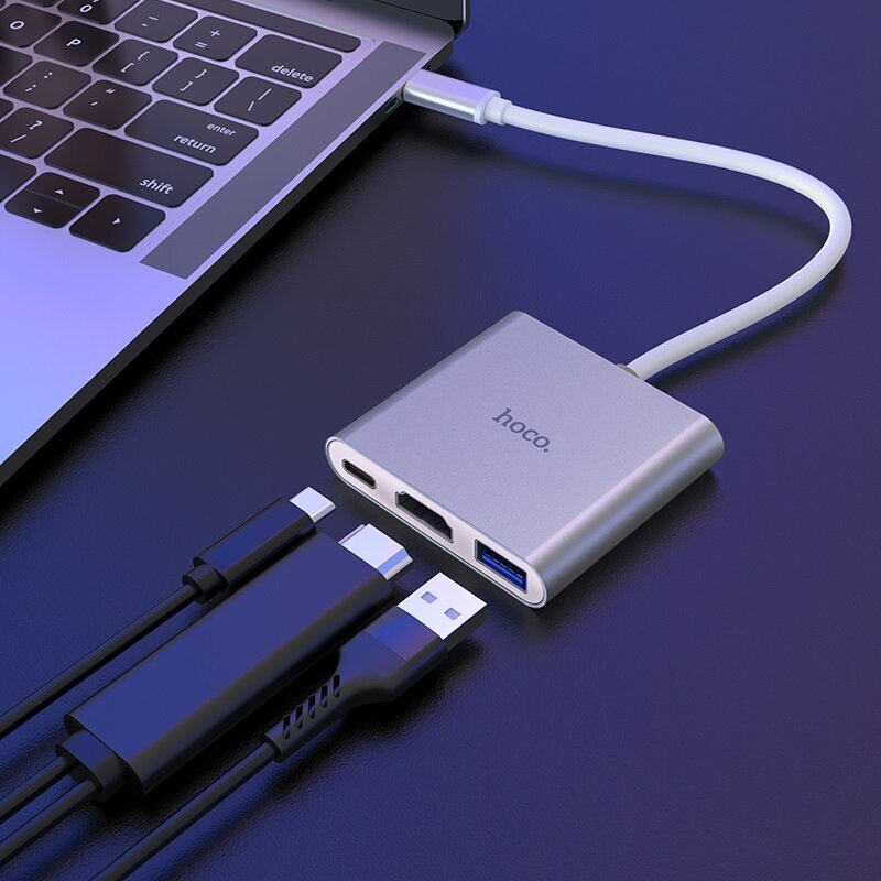 Keskitinsovitin Hoco HB14 Type-C / USB-C USB3.0 + HDMI + PD, hopea 3in1 hinta ja tiedot | Adapterit | hobbyhall.fi