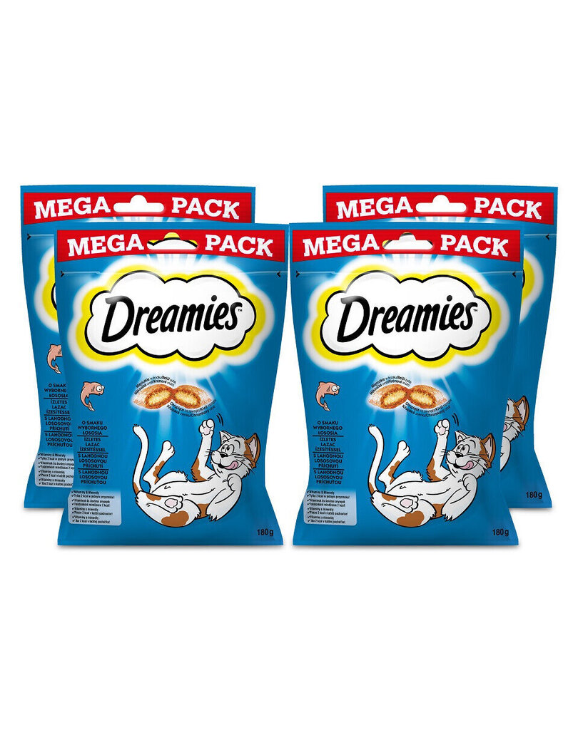 Dreamies ravinto Mega Pack kissoille, sisältää lohta, 4x180 g hinta ja tiedot | Kissan herkut | hobbyhall.fi