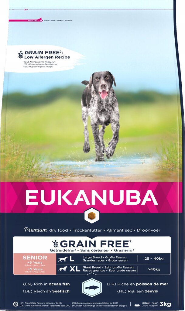 Eukanuba Grain Free Senior Large Ocean Fish ravinto isokokoisille koirille kalan kanssa, 3 kg hinta ja tiedot | Koiran kuivaruoka | hobbyhall.fi