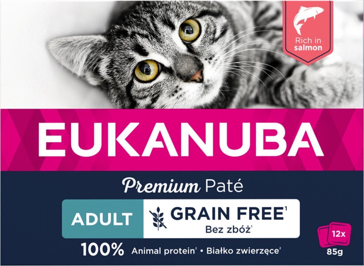 Eukanuba Grain Free Adult lohta aikuisille kissoille, 12x85g hinta ja tiedot | Kissanruoka | hobbyhall.fi