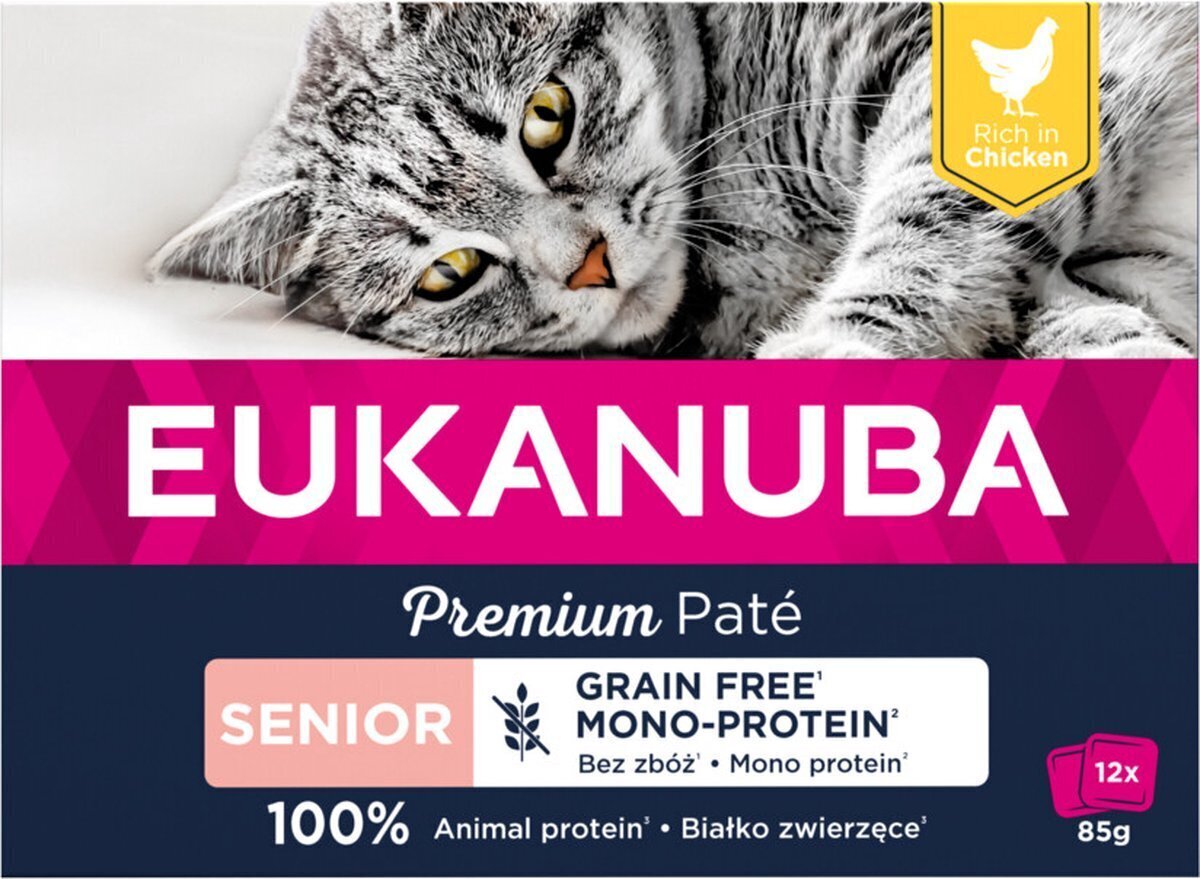 Eukanuba Grain Free Senior ravinto aikuisille kissoille kanan kanssa, 12x85 g hinta ja tiedot | Kissanruoka | hobbyhall.fi