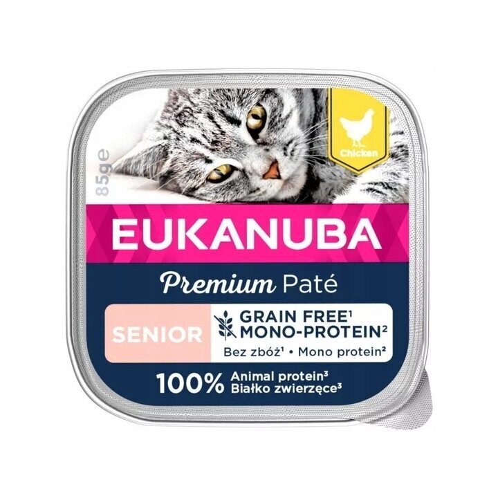Eukanuba Grain Free Senior ravinto vanhemmille kissoille kanan kanssa, 16x85 g hinta ja tiedot | Kissanruoka | hobbyhall.fi