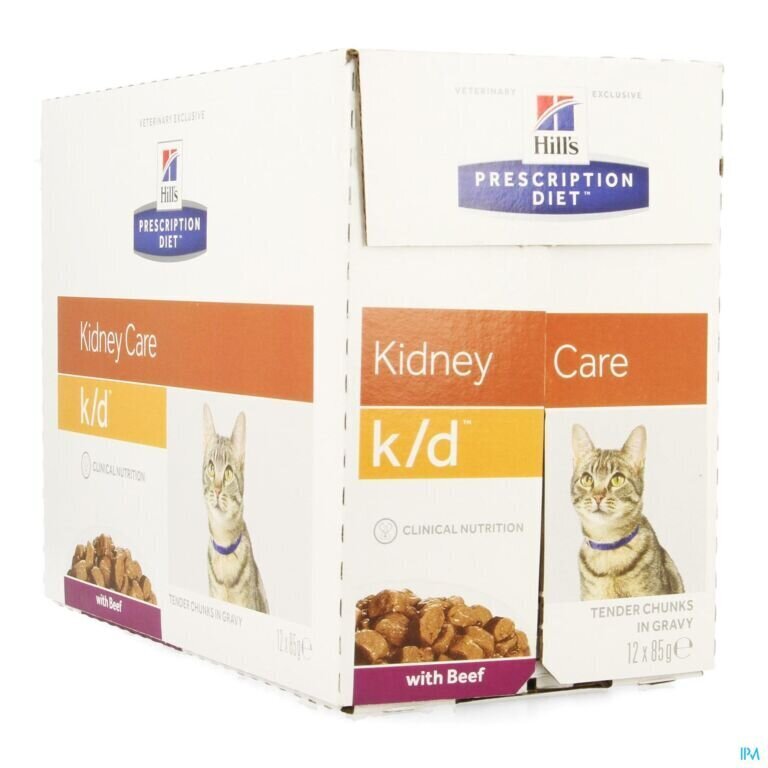 Hills Prescription Diet -ravinto munuaisten vajaatoiminnasta kärsiville kissoille naudanlihalla, 12x85 g hinta ja tiedot | Kissan kuivaruoka | hobbyhall.fi