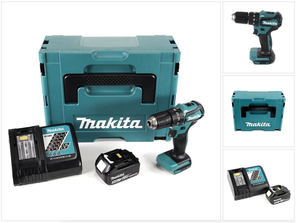 Akkuiskuporakone Makita DHP 483 RT1J 18V 40Nm Makpac + 1x 5,0 Ah akku + laturi hinta ja tiedot | Akkuporakoneet ja ruuvinvääntimet | hobbyhall.fi