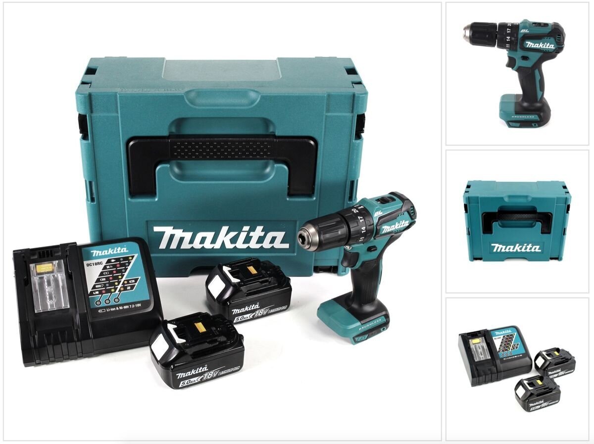 Akkuiskuporakone Makita DHP 483 RTJ 18V 40Nm Makpac + 2x 5,0 Ah akku + laturi hinta ja tiedot | Akkuporakoneet ja ruuvinvääntimet | hobbyhall.fi