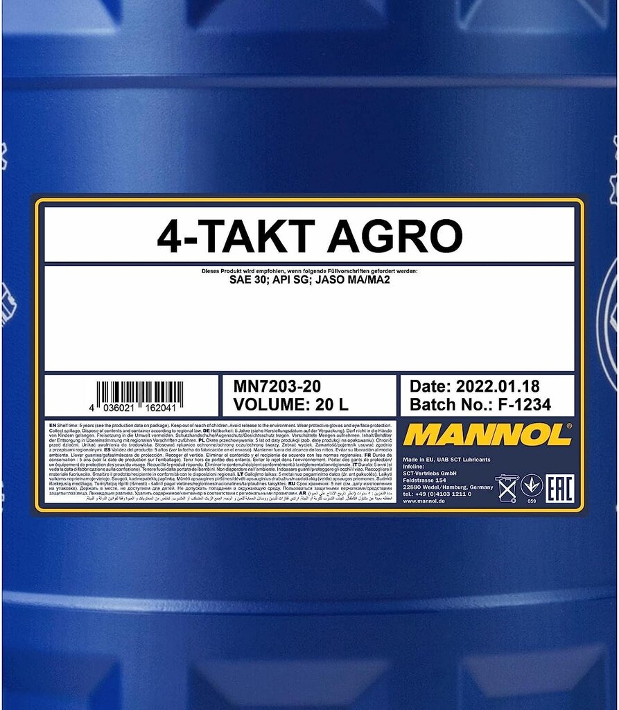 MANNOL 4-Takt Agro SAE 30 API SG, 20 Liter hinta ja tiedot | Moottoriöljyt | hobbyhall.fi