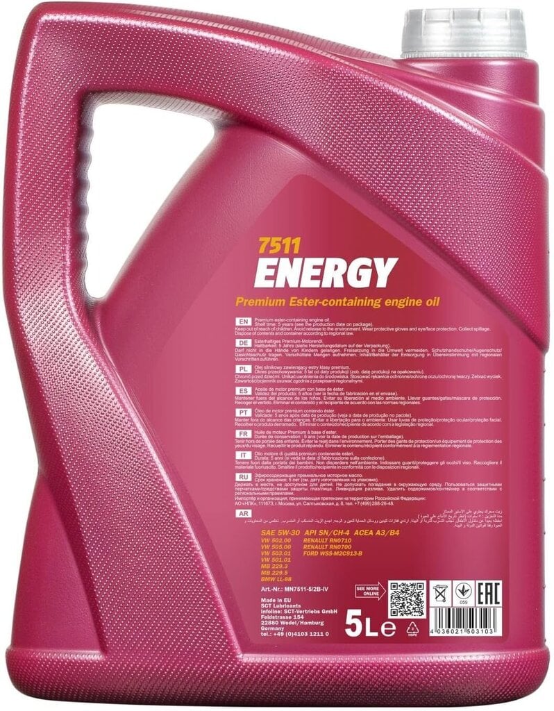 MANNOL Energy 5W-30 API SL/CF Motorenöl, 5 Liter hinta ja tiedot | Moottoriöljyt | hobbyhall.fi