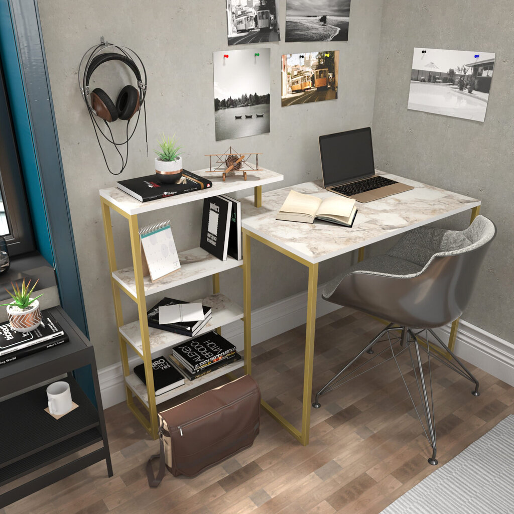 Pöytä, Asir, 133x60x76,8 cm, kulta/valkoinen hinta ja tiedot | Tietokonepöydät ja työpöydät | hobbyhall.fi