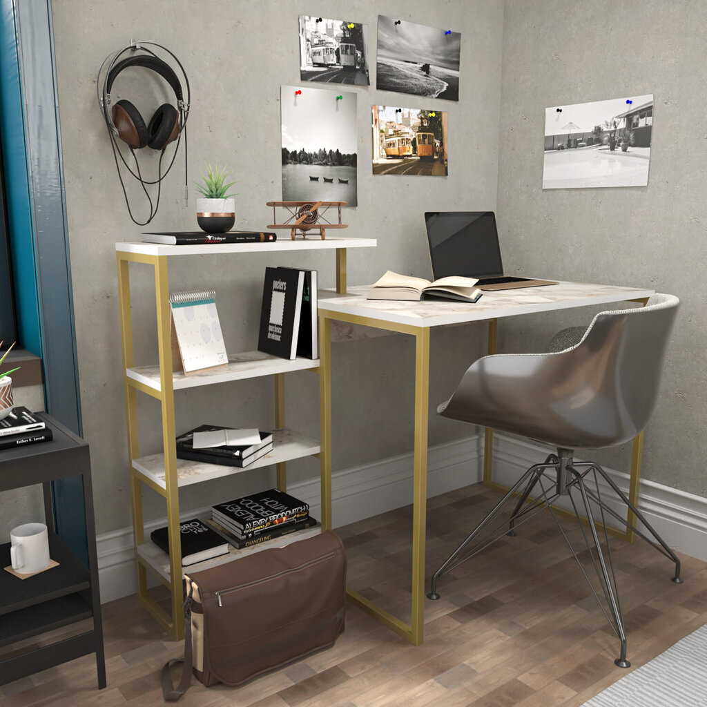 Pöytä, Asir, 133x60x76,8 cm, kulta/valkoinen hinta ja tiedot | Tietokonepöydät ja työpöydät | hobbyhall.fi