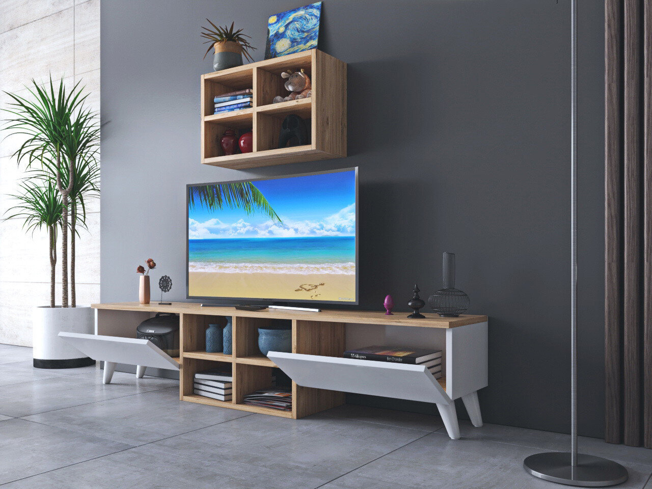 TV-taso, Asir, 160x34x25 cm, ruskea/valkoinen hinta ja tiedot | TV-tasot | hobbyhall.fi