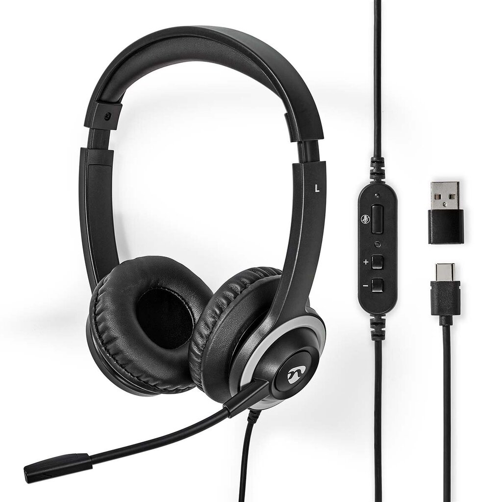 Kuulokkeet mikrofonilla Nedis USB-C, langallinen, kaukosäädin, musta hinta ja tiedot | Kuulokkeet | hobbyhall.fi
