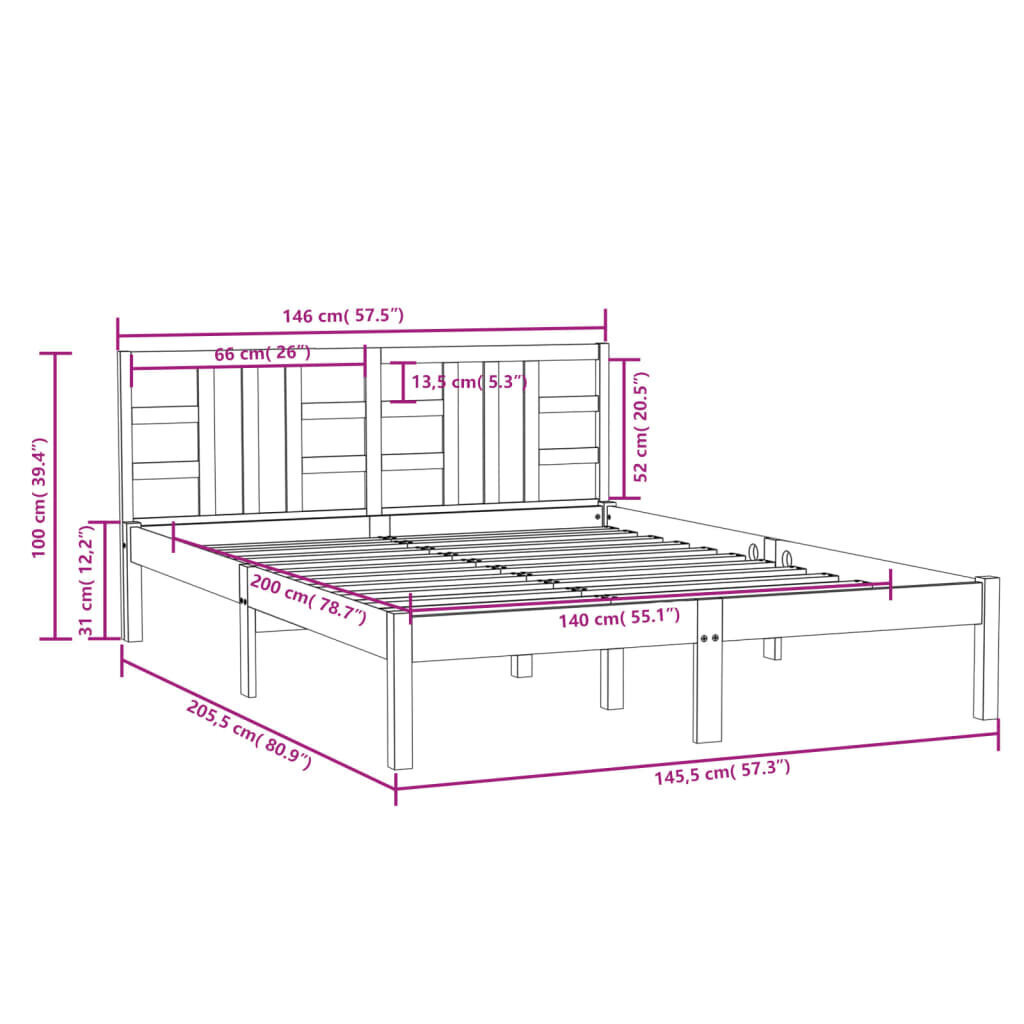 vidaXL Sängynrunko musta täysi puu 140x200 cm hinta ja tiedot | Sängyt | hobbyhall.fi