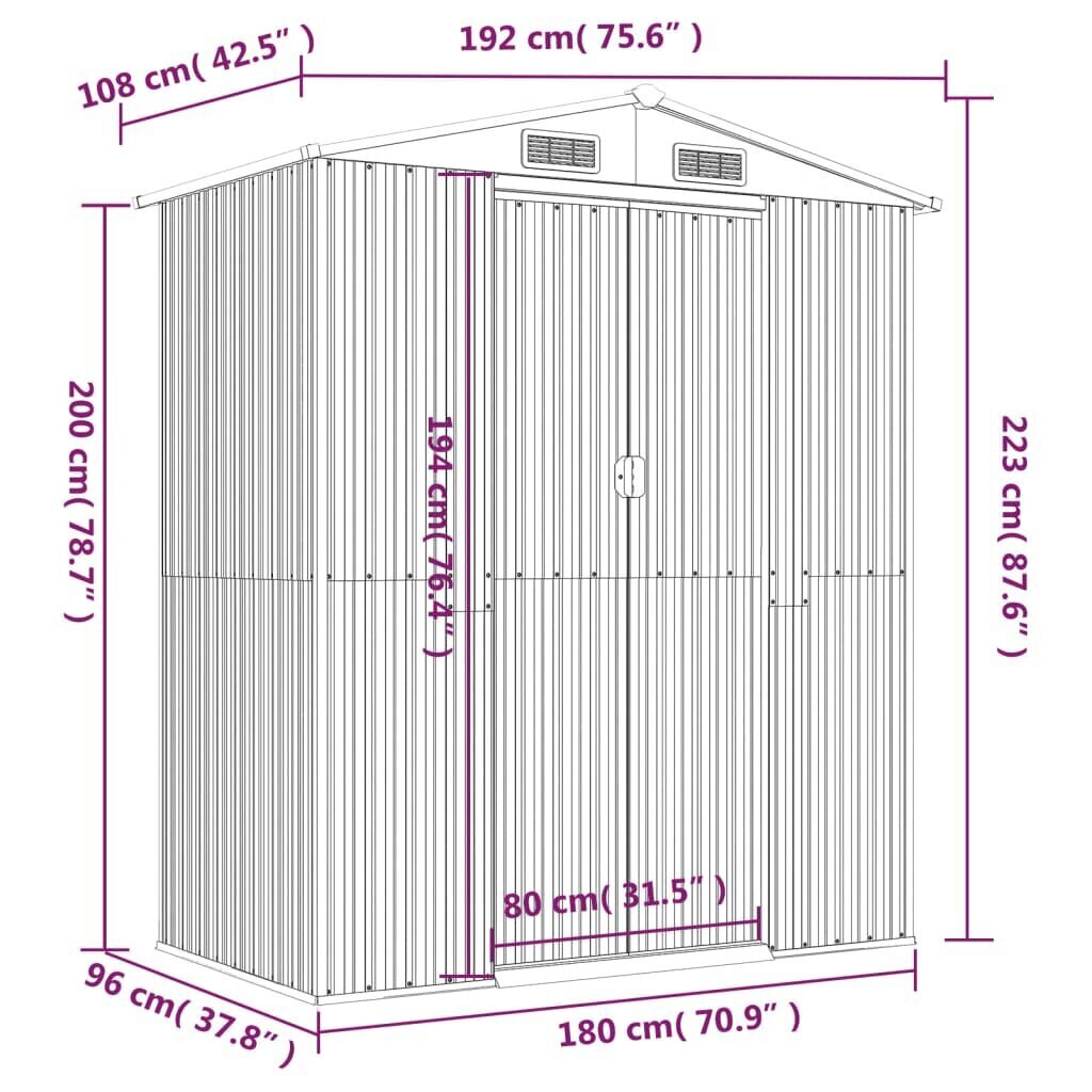 vidaXL Puutarhavaja vaaleanharmaa 192x108x223 cm galvanoitu teräs hinta ja tiedot | Piharakennukset | hobbyhall.fi