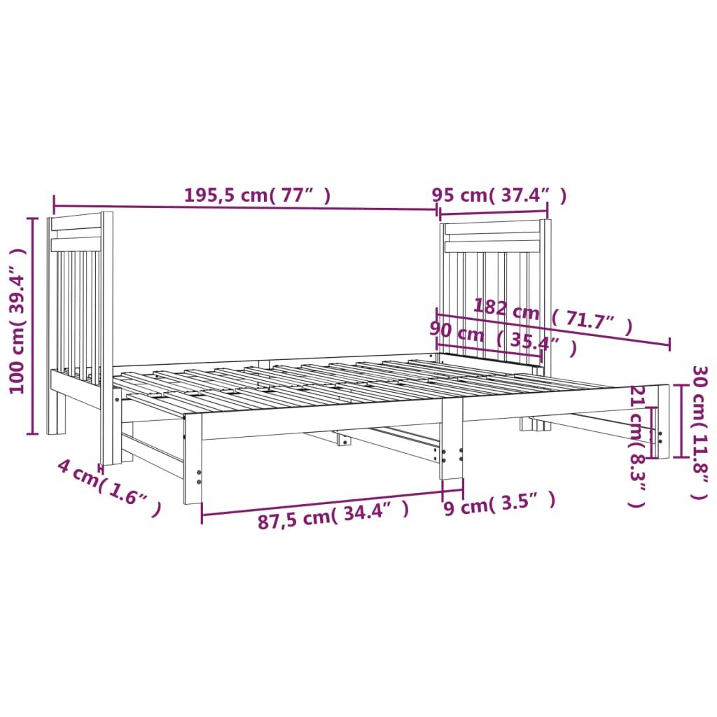 vidaXL Sohvasänky ulosvedettävä musta 2x (90x190) cm täysi mänty hinta ja tiedot | Sängyt | hobbyhall.fi