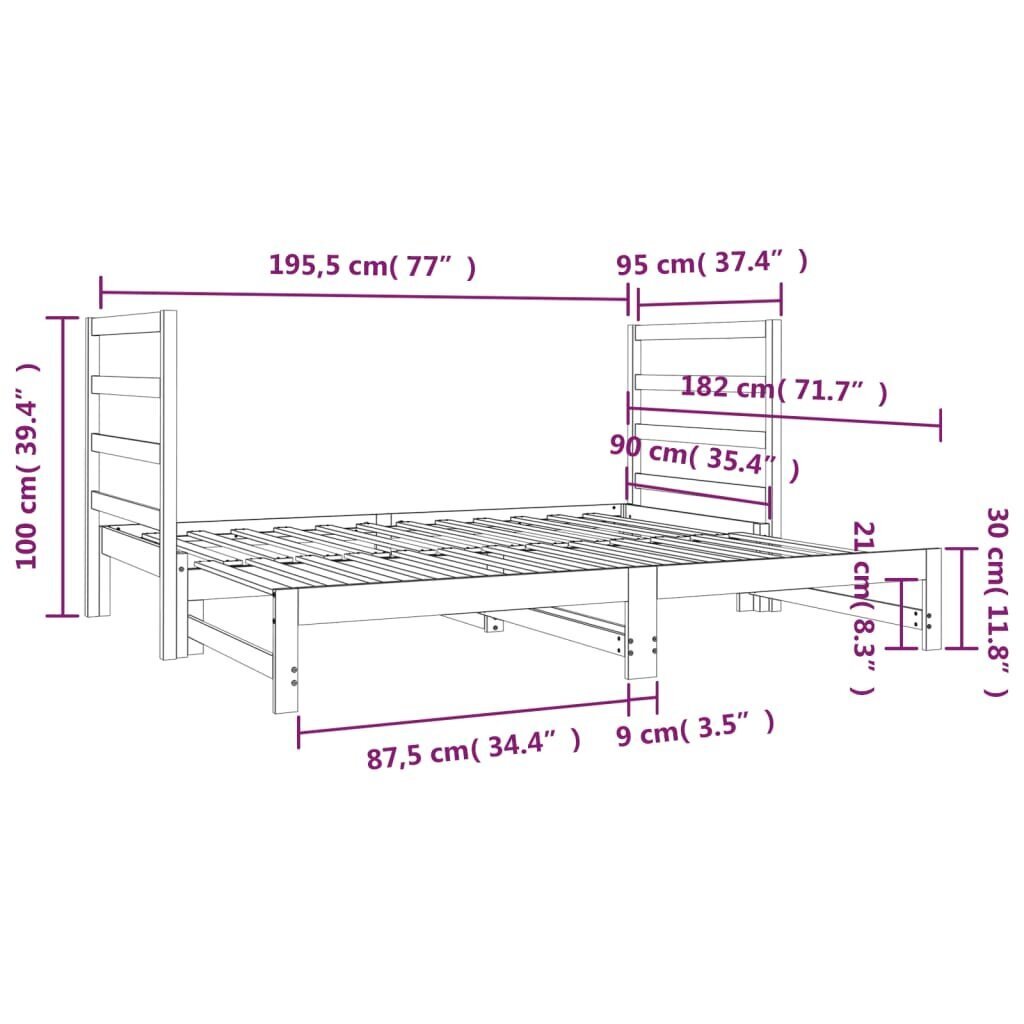 vidaXL Sohvasänky ulosvedettävä valkoinen 2x (90x190) cm täysi mänty hinta ja tiedot | Sängyt | hobbyhall.fi