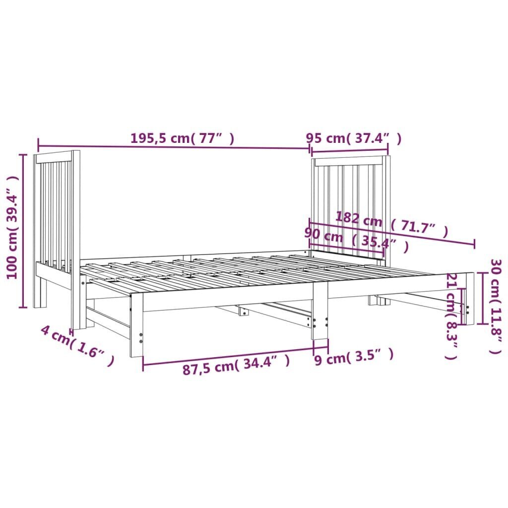 vidaXL Sohvasänky ulosvedettävä harmaa 2x (90x190) cm täysi mänty hinta ja tiedot | Sängyt | hobbyhall.fi