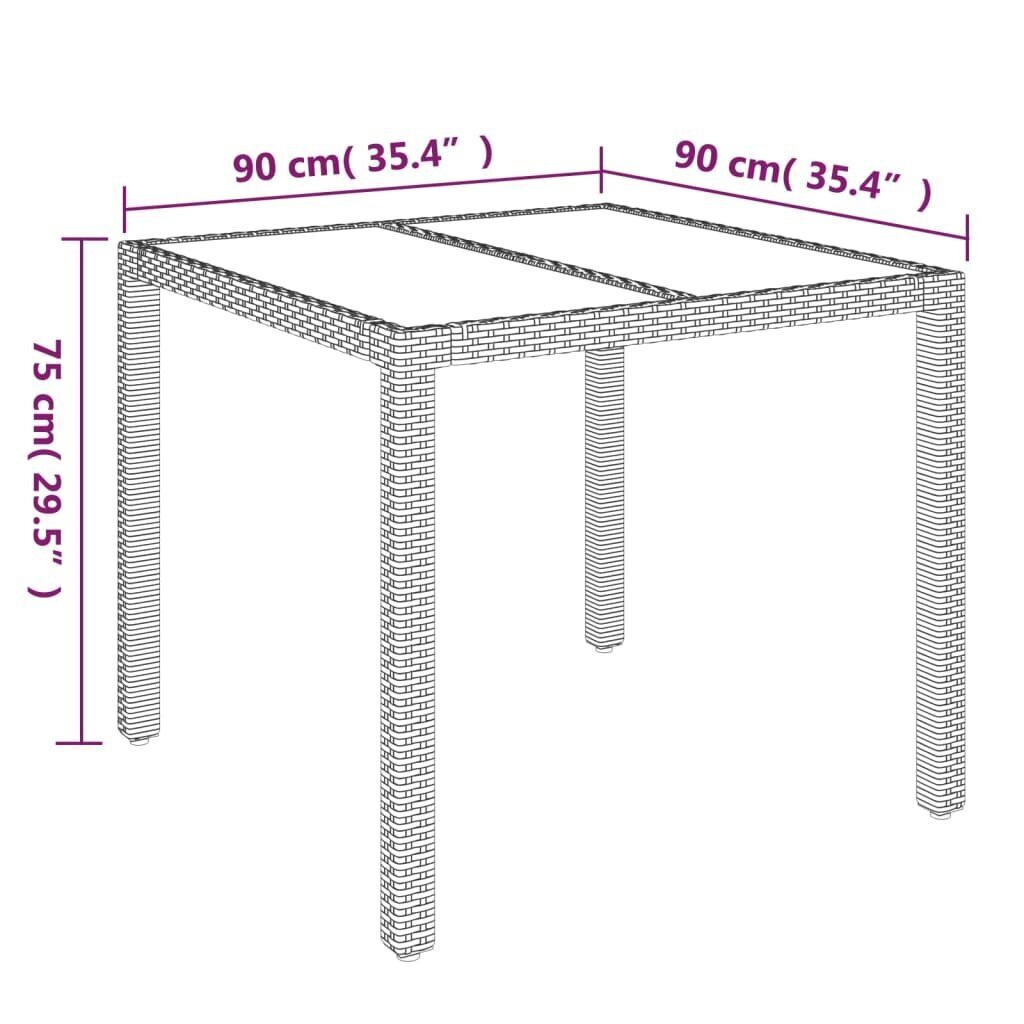 vidaXL Puutarhapöytä lasilevyllä harmaa 90x90x75 cm polyrottinki hinta ja tiedot | Puutarhapöydät | hobbyhall.fi