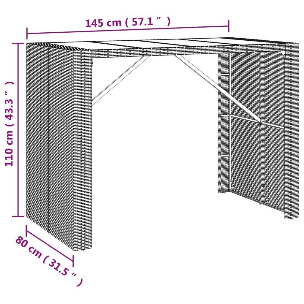 vidaXL Baaripöytä lasipöytälevyllä ruskea 145x80x110 cm polyrottinki hinta ja tiedot | Puutarhapöydät | hobbyhall.fi