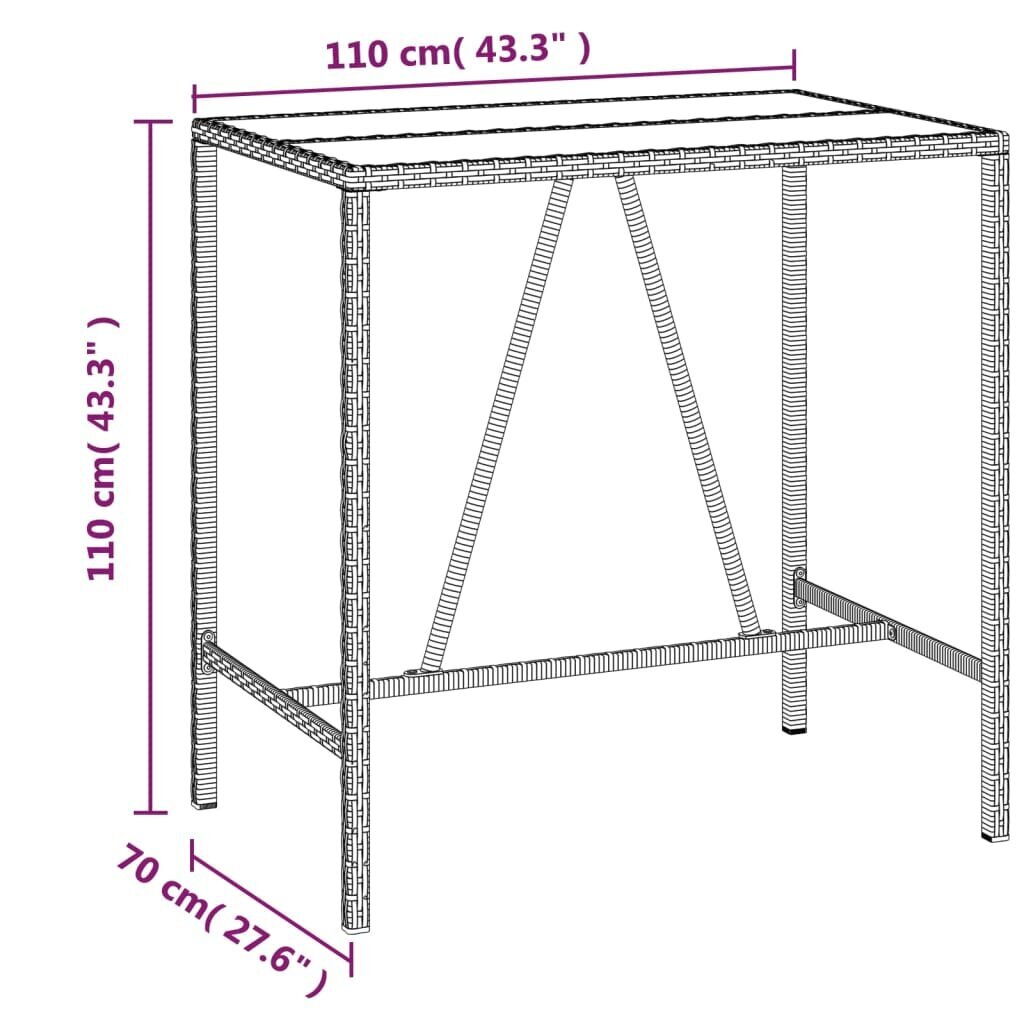 vidaXL Baaripöytä lasipöytälevyllä ruskea 110x70x110 cm polyrottinki hinta ja tiedot | Puutarhapöydät | hobbyhall.fi