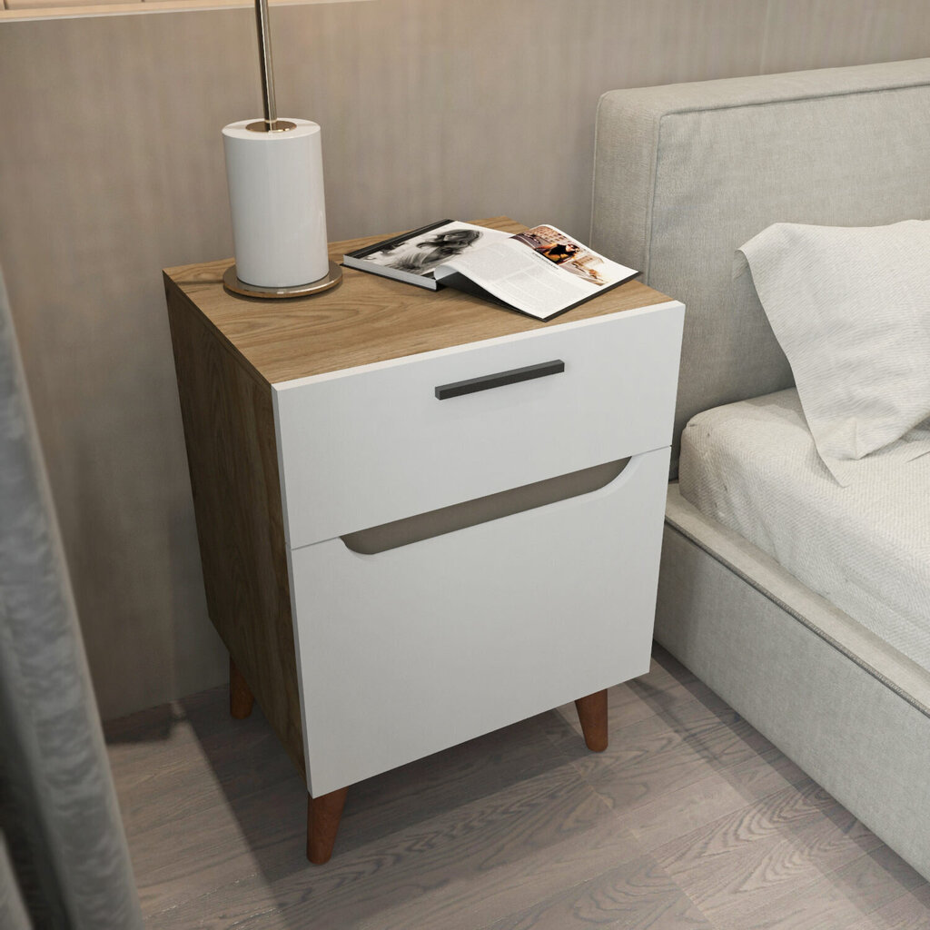 Yöpöytä, Asir, 45x36,8x63 cm, valkoinen/ruskea hinta ja tiedot | Yöpöydät | hobbyhall.fi