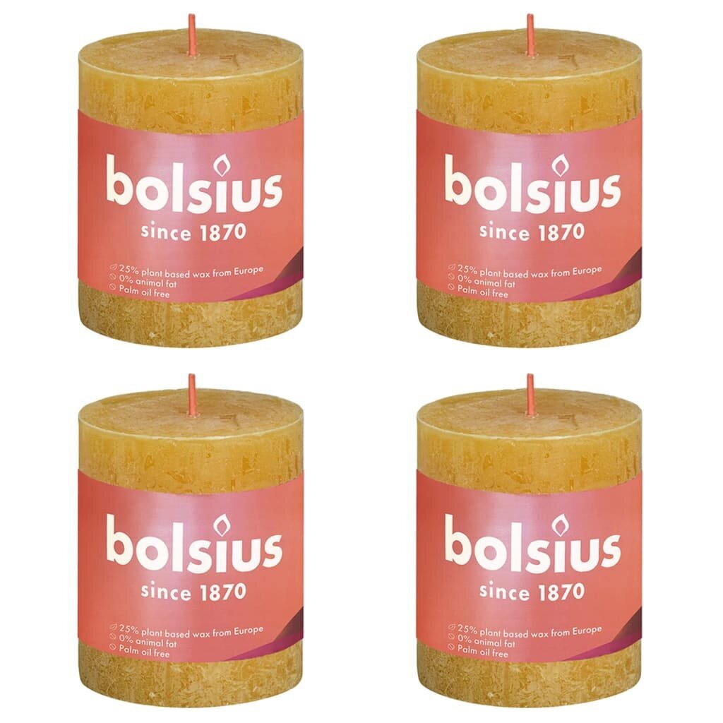 Bolsius Pilarikynttilät Shine 4 kpl 80x68 mm hunajakennon keltainen hinta ja tiedot | Kynttilät ja kynttilänjalat | hobbyhall.fi